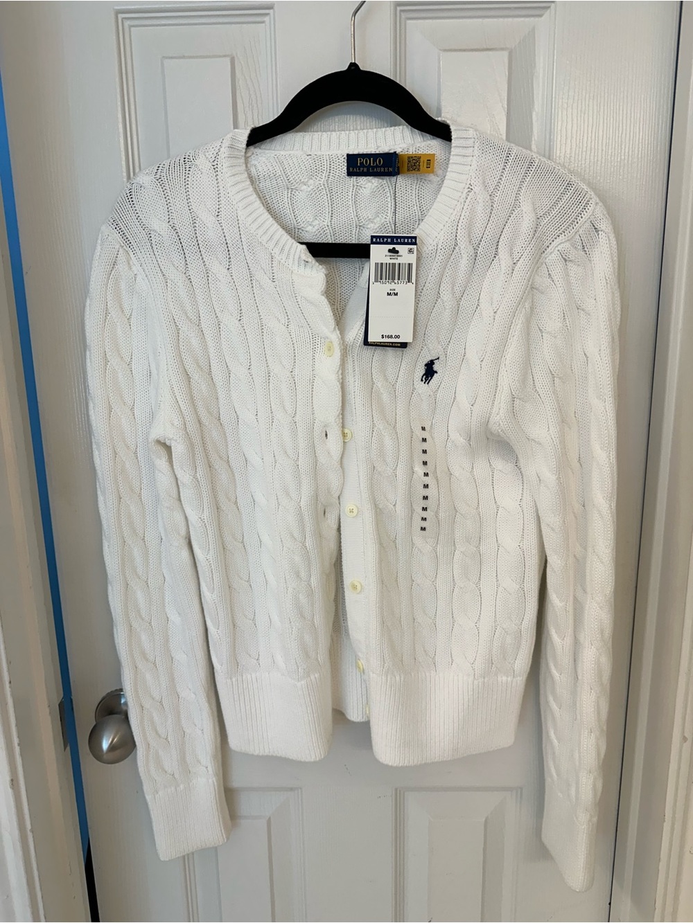 Polo by Ralph Lauren White Cable-Knit Cardigan with Navy Pony Medium